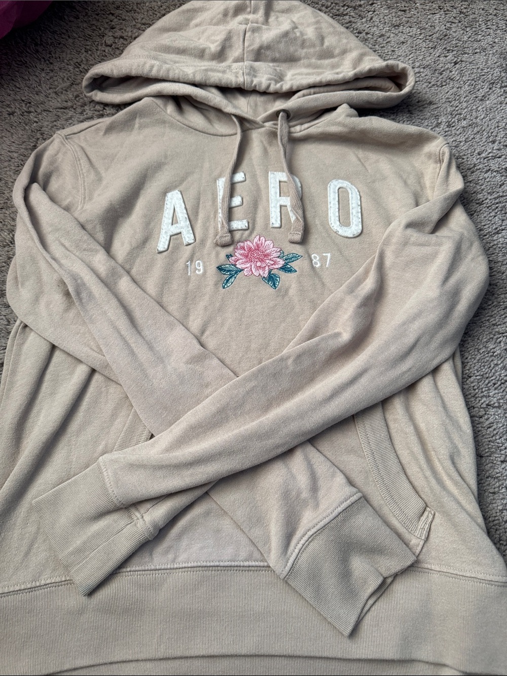 Aeropostale Beige Hoodie with Pink Floral Embroidery